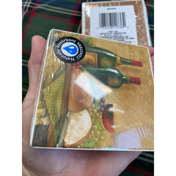 BRAND NEW Set of 4 Wine Themed Cork-Backed Stone Coasters - Picture 3 of 4